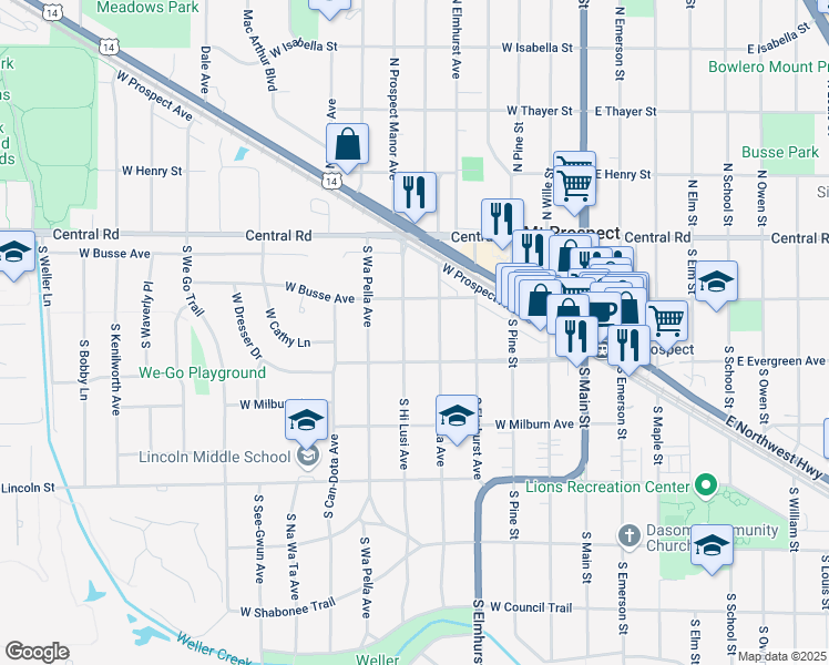 map of restaurants, bars, coffee shops, grocery stores, and more near 121 South Hi Lusi Avenue in Mount Prospect