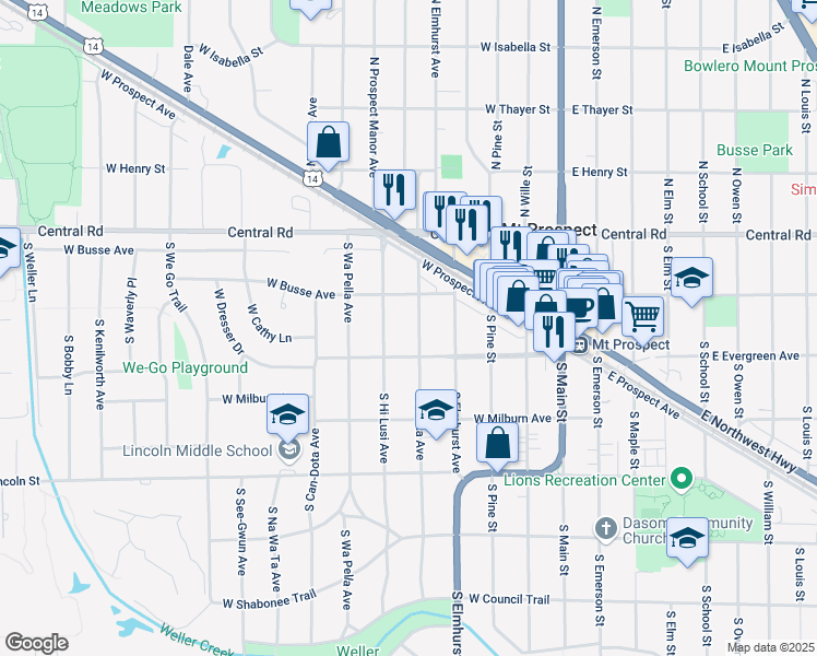 map of restaurants, bars, coffee shops, grocery stores, and more near 121 South Hi Lusi Avenue in Mount Prospect