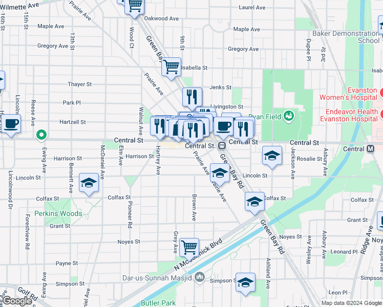 map of restaurants, bars, coffee shops, grocery stores, and more near 2008 Harrison Street in Evanston