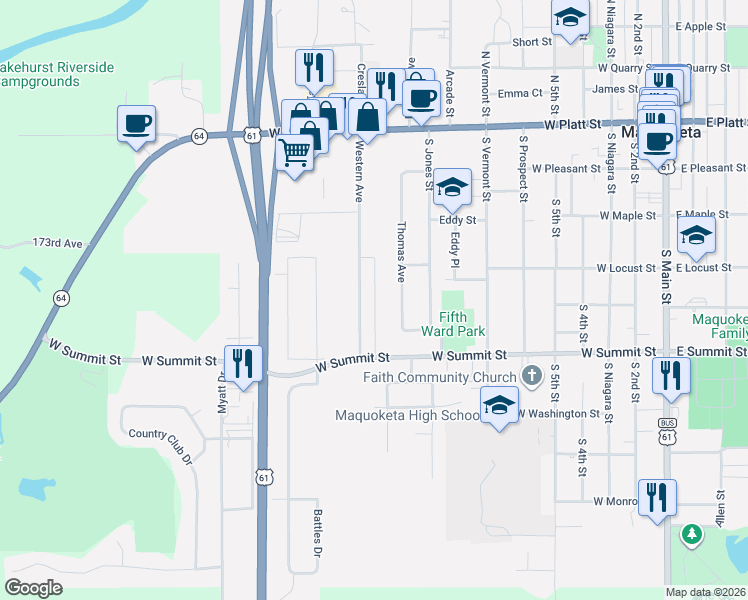map of restaurants, bars, coffee shops, grocery stores, and more near 401-899 Western Avenue in Maquoketa
