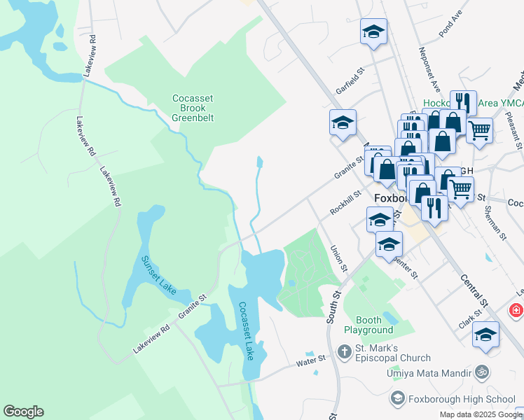 map of restaurants, bars, coffee shops, grocery stores, and more near 51 Granite Street in Foxborough