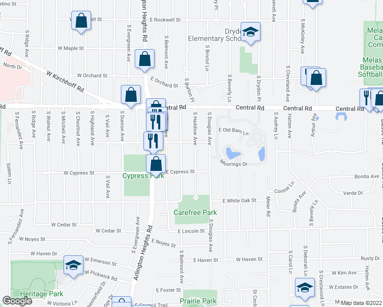 map of restaurants, bars, coffee shops, grocery stores, and more near 1116 South Haddow Avenue in Arlington Heights
