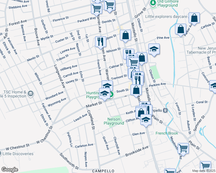 map of restaurants, bars, coffee shops, grocery stores, and more near 73 South Street in Brockton