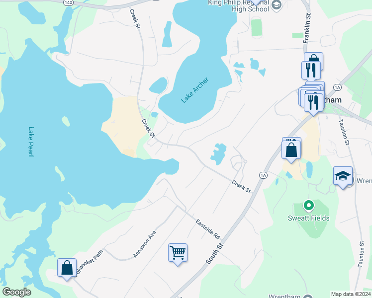 map of restaurants, bars, coffee shops, grocery stores, and more near 133U1 Creek Street in Wrentham
