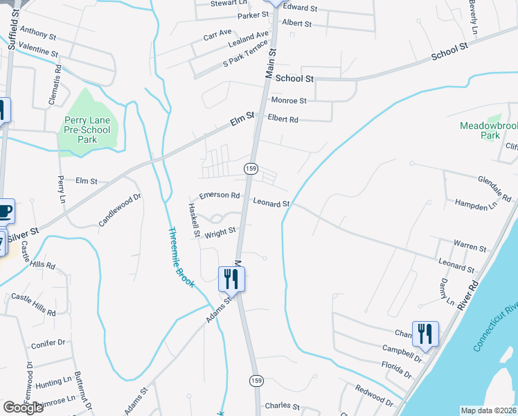 map of restaurants, bars, coffee shops, grocery stores, and more near 901 Main Street in Agawam