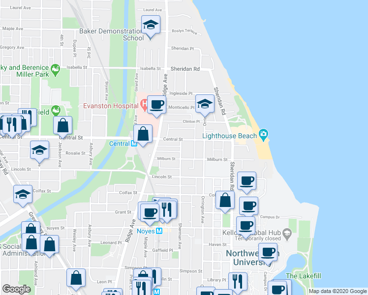 map of restaurants, bars, coffee shops, grocery stores, and more near 729 Milburn Street in Evanston