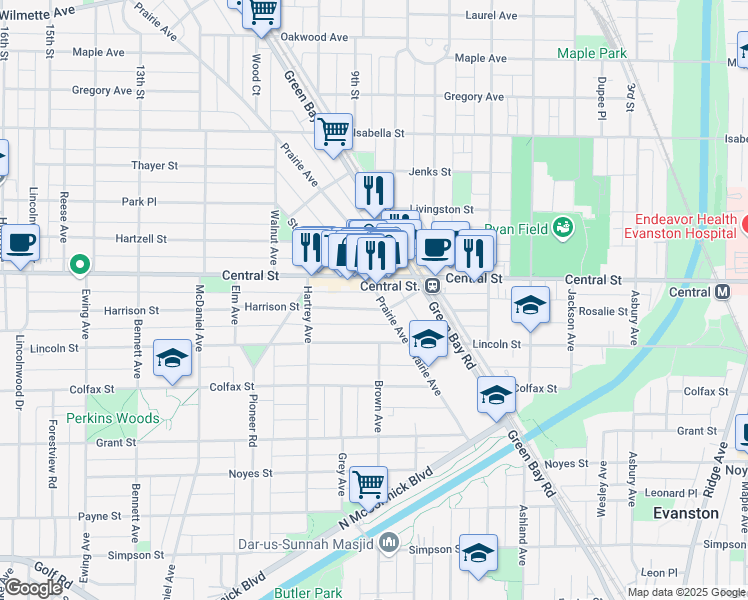 map of restaurants, bars, coffee shops, grocery stores, and more near 2008 Harrison Street in Evanston