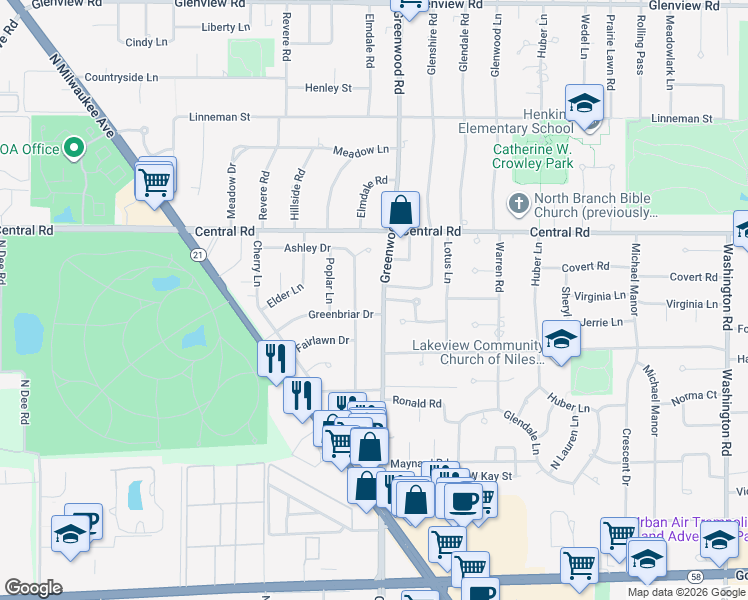 map of restaurants, bars, coffee shops, grocery stores, and more near 3227 Greenbriar Drive in Glenview