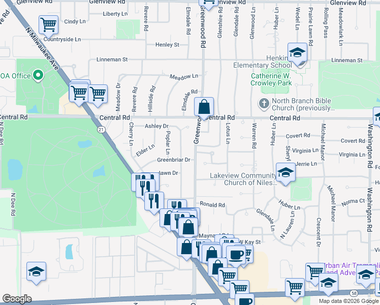map of restaurants, bars, coffee shops, grocery stores, and more near 3227 Greenbriar Drive in Glenview