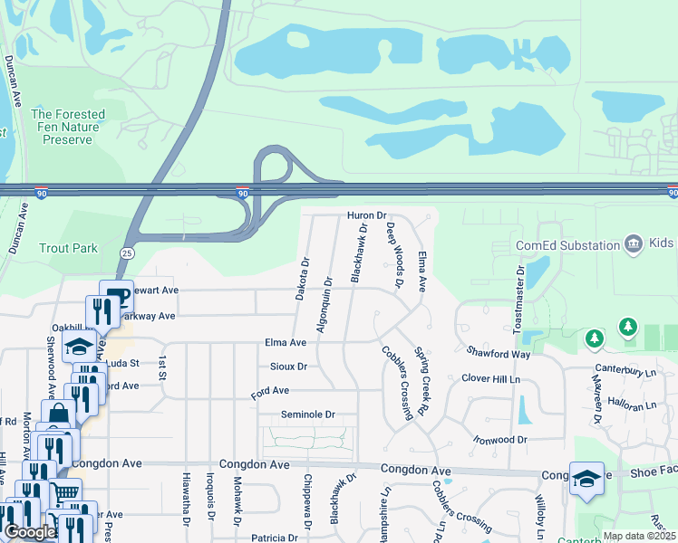 map of restaurants, bars, coffee shops, grocery stores, and more near 986 Stewart Avenue in Elgin