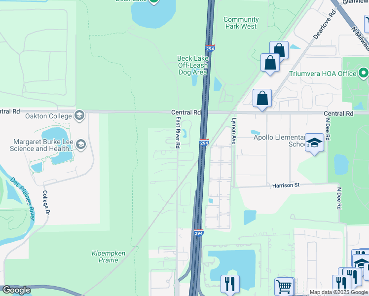 map of restaurants, bars, coffee shops, grocery stores, and more near 205 South Country Lane in Des Plaines