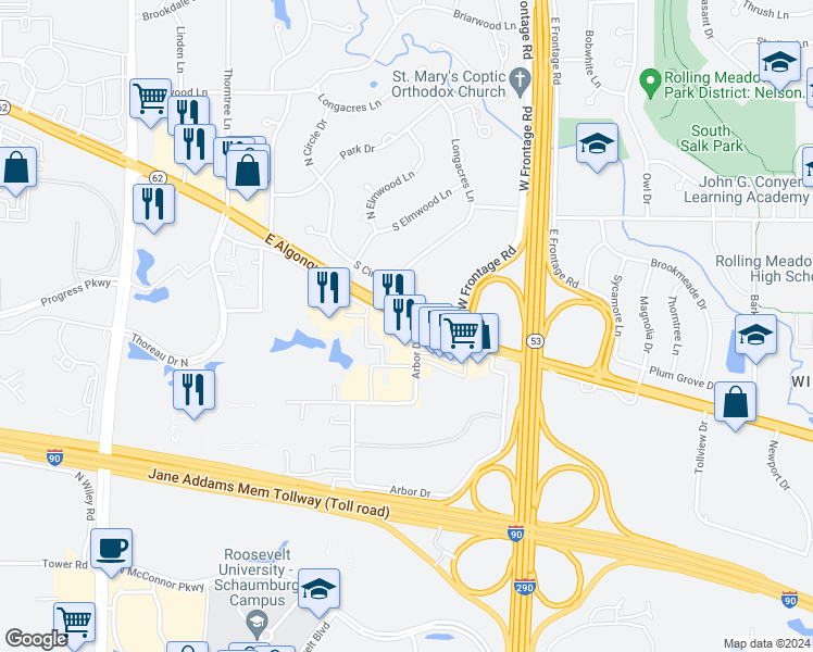 map of restaurants, bars, coffee shops, grocery stores, and more near 1523 Arbor Drive in Rolling Meadows