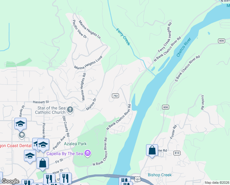 map of restaurants, bars, coffee shops, grocery stores, and more near 16758 Thompson Road in Brookings