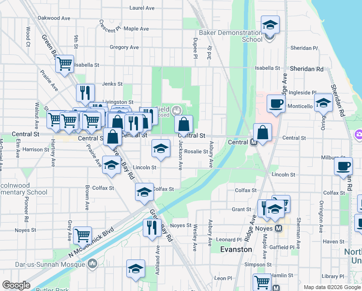 map of restaurants, bars, coffee shops, grocery stores, and more near 2527 Jackson Avenue in Evanston