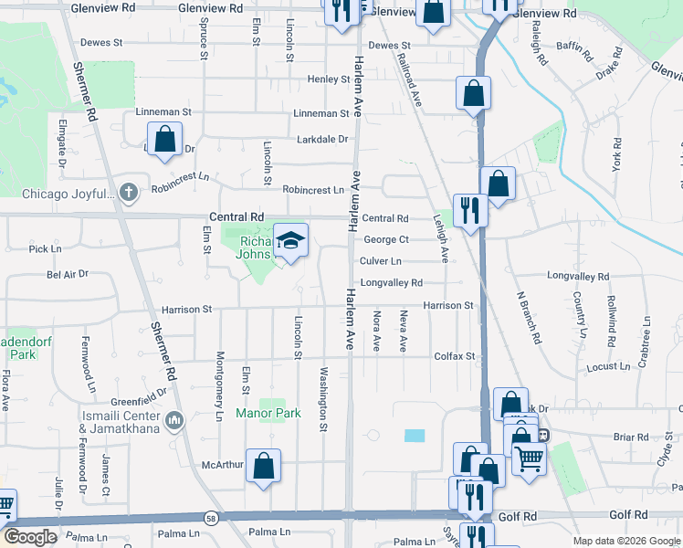 map of restaurants, bars, coffee shops, grocery stores, and more near 411 Washington Street in Glenview