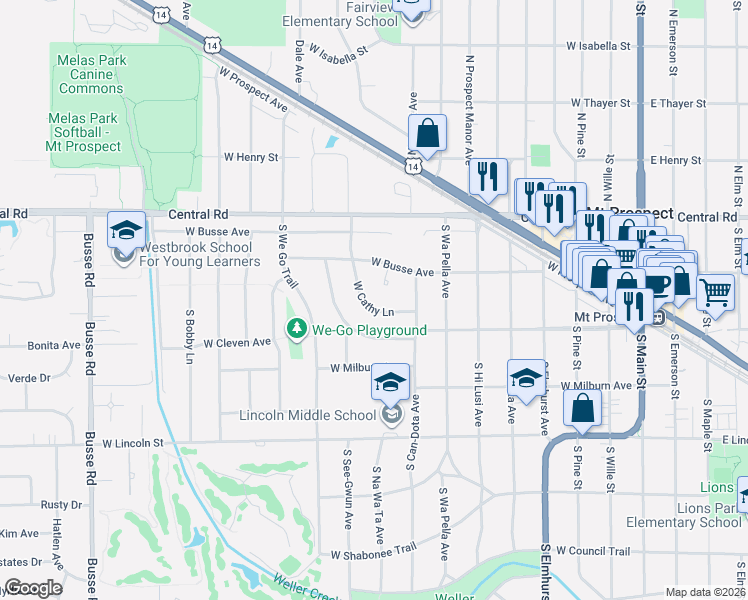 map of restaurants, bars, coffee shops, grocery stores, and more near 711 West Cathy Lane in Mount Prospect