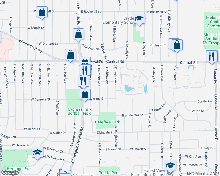 map of restaurants, bars, coffee shops, grocery stores, and more near 1132 South Haddow Avenue in Arlington Heights