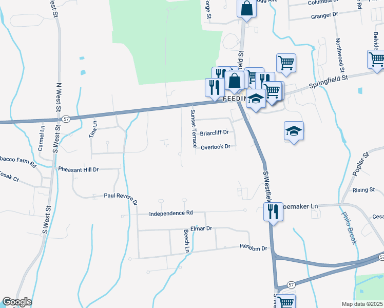 map of restaurants, bars, coffee shops, grocery stores, and more near 86 Sunset Terrace in Agawam