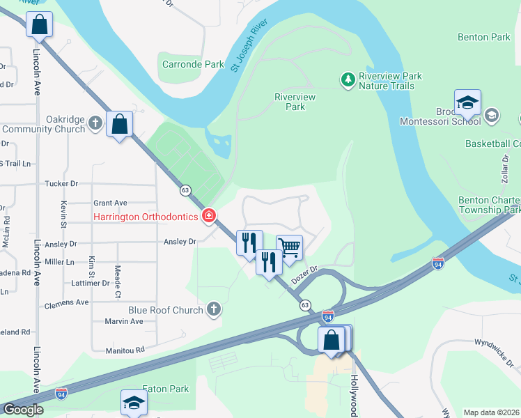 map of restaurants, bars, coffee shops, grocery stores, and more near 301 South Bluffwood Terrace in St. Joseph