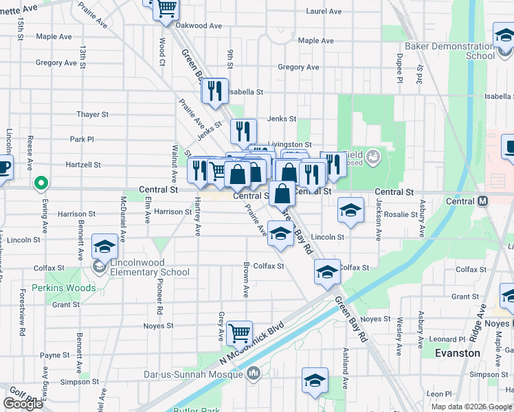 map of restaurants, bars, coffee shops, grocery stores, and more near 2455 Prairie Avenue in Evanston