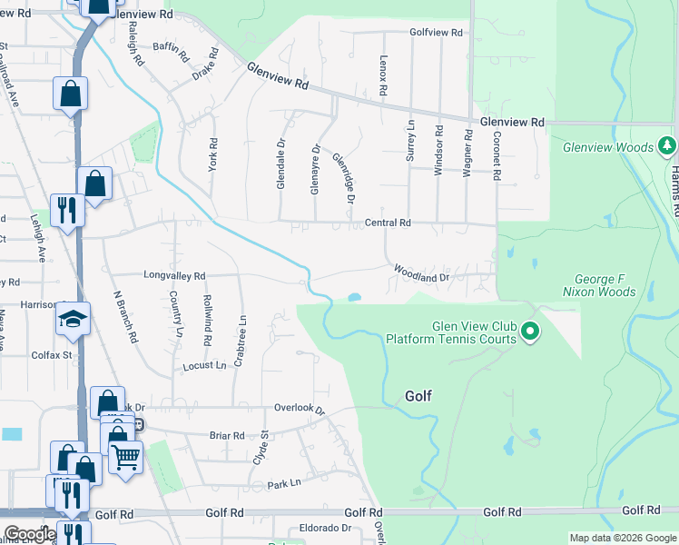 map of restaurants, bars, coffee shops, grocery stores, and more near 1125 Longvalley Road in Glenview