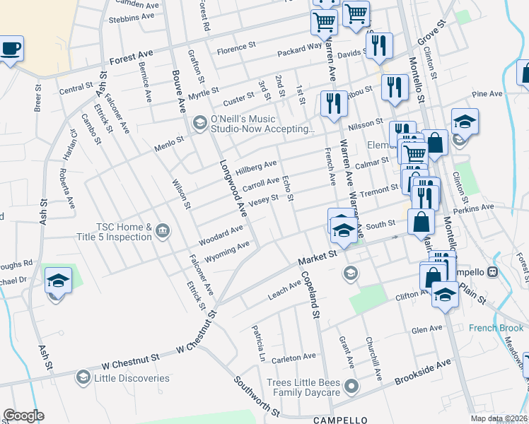 map of restaurants, bars, coffee shops, grocery stores, and more near 20 Stewart Avenue in Brockton