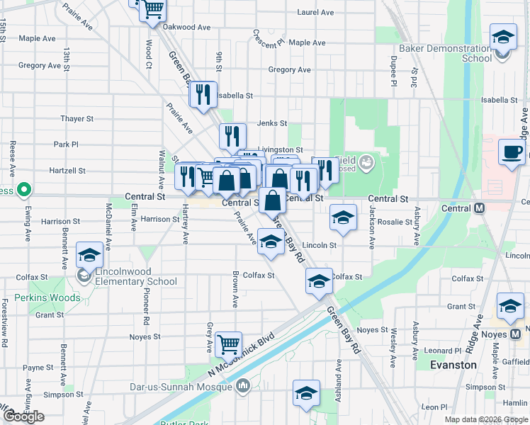 map of restaurants, bars, coffee shops, grocery stores, and more near 2455 Prairie Avenue in Evanston