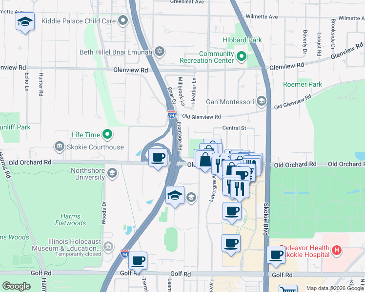 map of restaurants, bars, coffee shops, grocery stores, and more near 10015B Frontage Road in Skokie