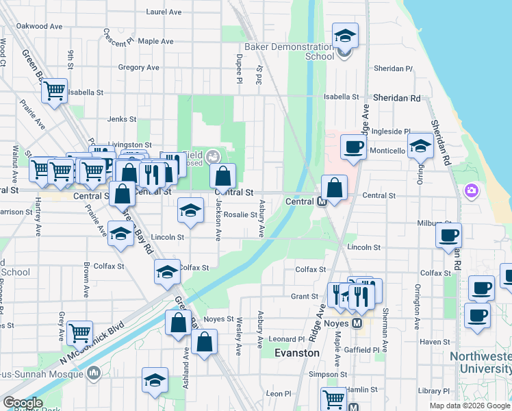 map of restaurants, bars, coffee shops, grocery stores, and more near 2532 Asbury Avenue in Evanston