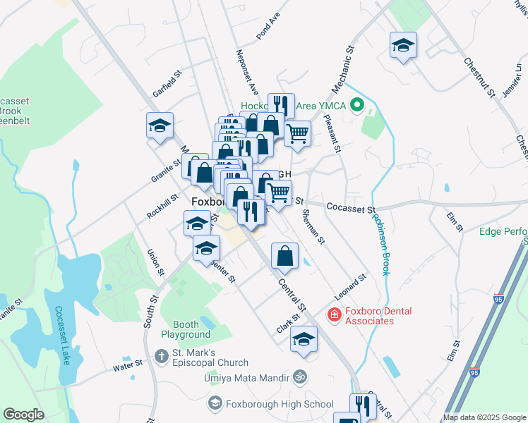 map of restaurants, bars, coffee shops, grocery stores, and more near 15 Wall Street in Foxborough