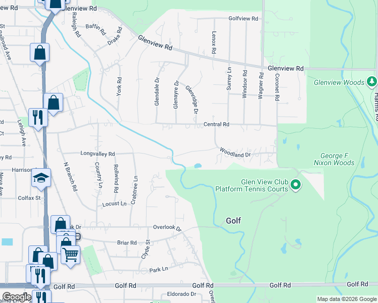 map of restaurants, bars, coffee shops, grocery stores, and more near 1125 Longvalley Road in Glenview