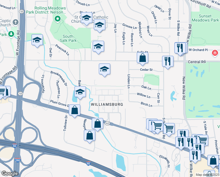 map of restaurants, bars, coffee shops, grocery stores, and more near 2831 Northampton Drive in Rolling Meadows