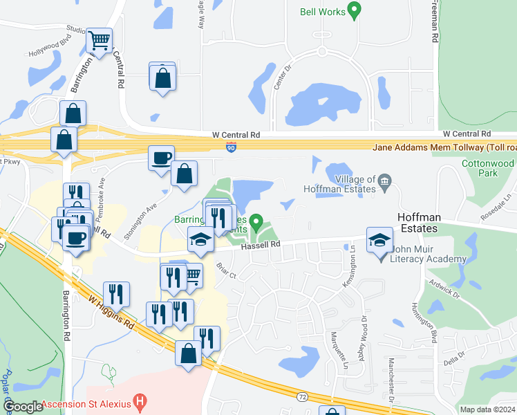 map of restaurants, bars, coffee shops, grocery stores, and more near 2160 Hassell Road in Hoffman Estates