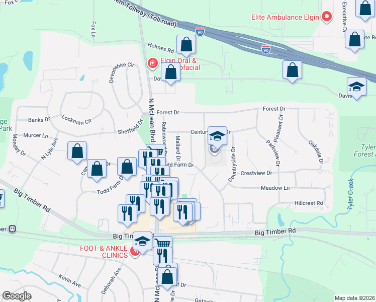 map of restaurants, bars, coffee shops, grocery stores, and more near 1203 Lennoxshire Drive in Elgin