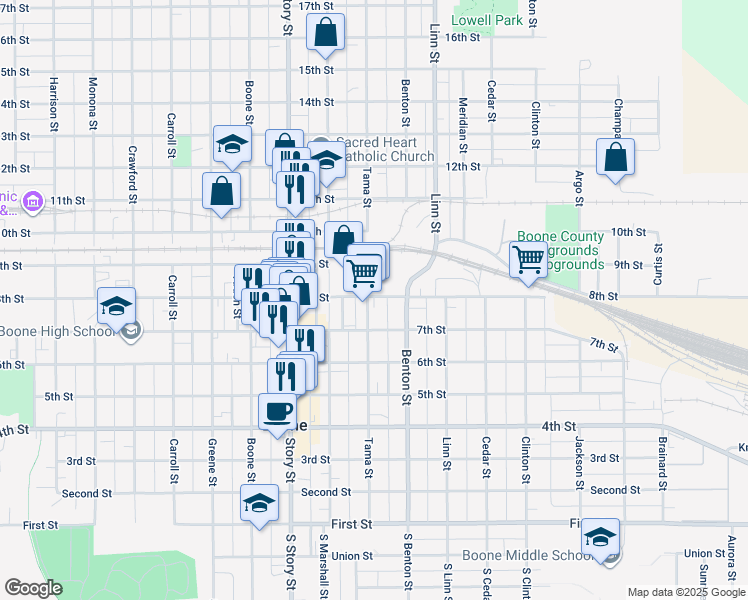 map of restaurants, bars, coffee shops, grocery stores, and more near 1115 7th Street in Boone