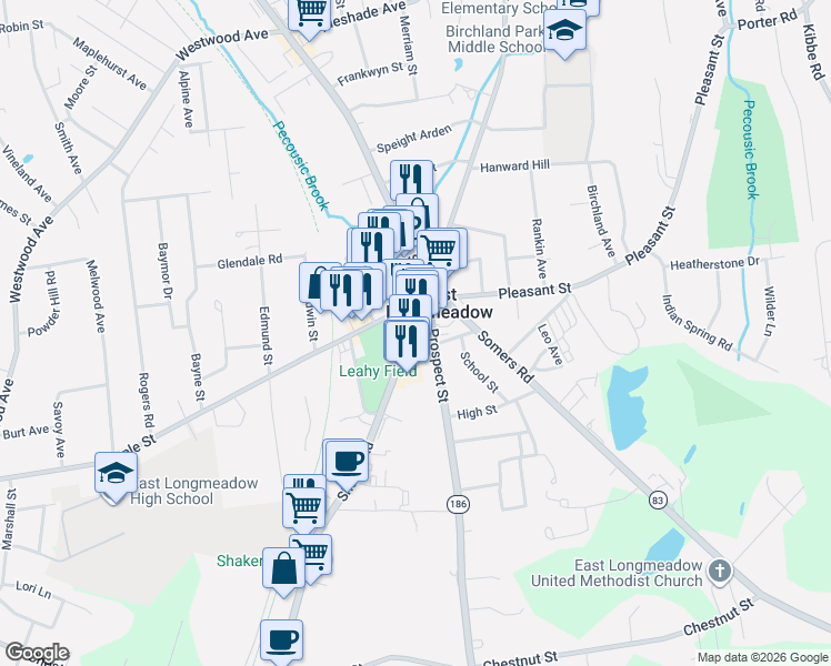 map of restaurants, bars, coffee shops, grocery stores, and more near 34 Shaker Road in East Longmeadow