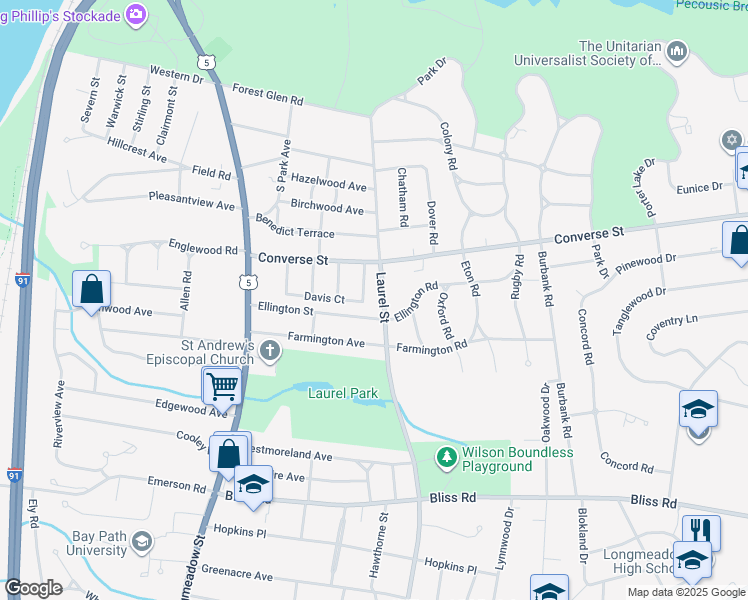 map of restaurants, bars, coffee shops, grocery stores, and more near 212 Laurel Street in Longmeadow
