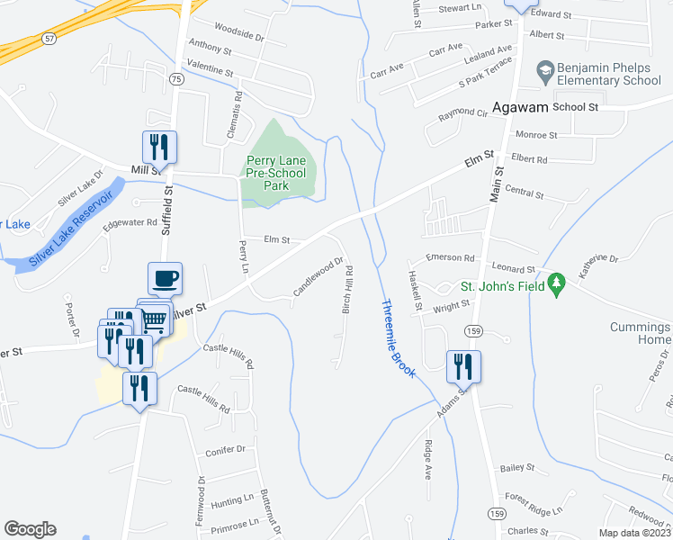 map of restaurants, bars, coffee shops, grocery stores, and more near 76 Birch Hill Road in Agawam