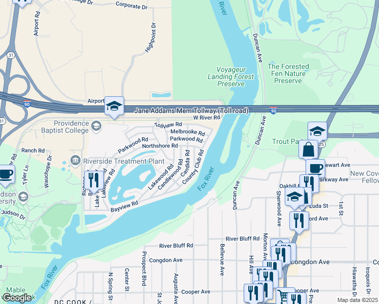 map of restaurants, bars, coffee shops, grocery stores, and more near 1205 Candida Road in Elgin