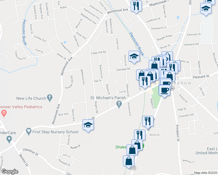 map of restaurants, bars, coffee shops, grocery stores, and more near 41 Bayne Street in East Longmeadow