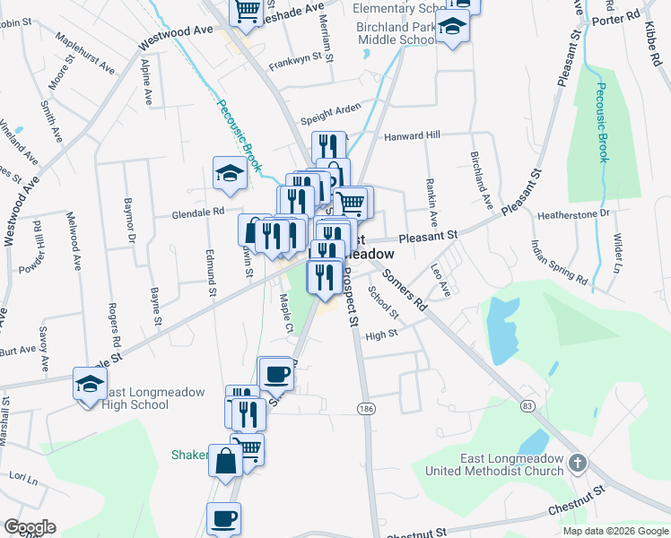 map of restaurants, bars, coffee shops, grocery stores, and more near in East Longmeadow