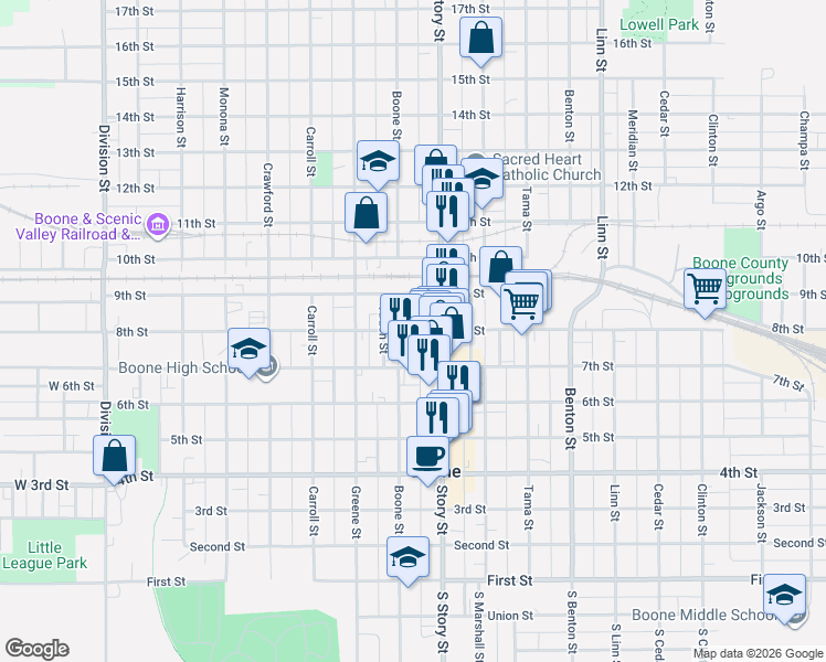 map of restaurants, bars, coffee shops, grocery stores, and more near 813 1/2 Keeler Street in Boone