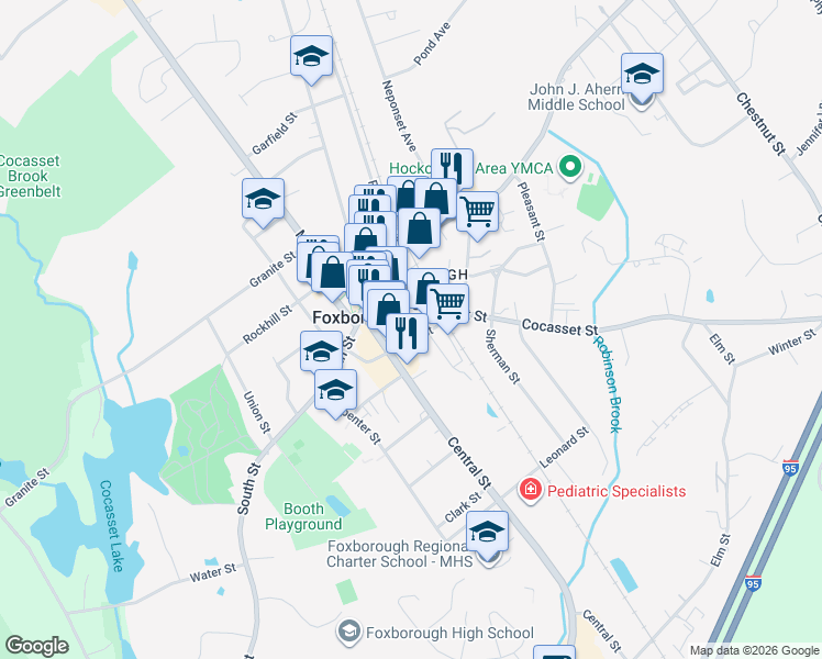 map of restaurants, bars, coffee shops, grocery stores, and more near 12 Wall Street in Foxboro