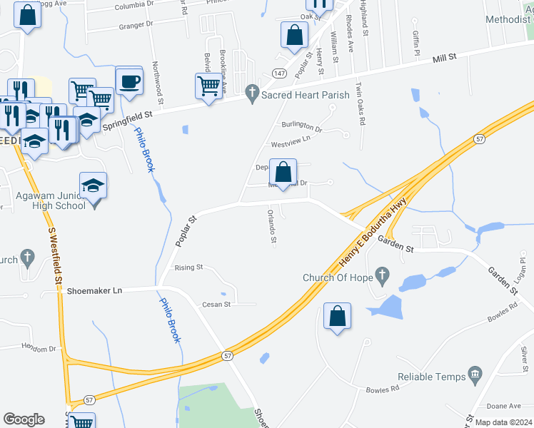map of restaurants, bars, coffee shops, grocery stores, and more near 16 Orlando Street in Agawam