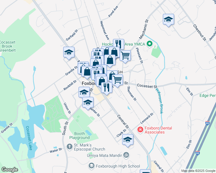 map of restaurants, bars, coffee shops, grocery stores, and more near 15 Cocasset Street in Foxborough
