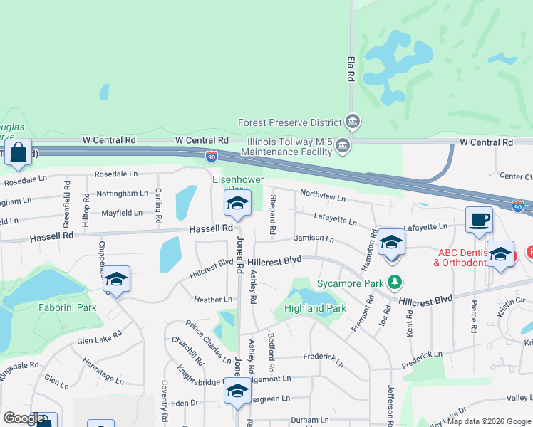 map of restaurants, bars, coffee shops, grocery stores, and more near 2090 Shepard Road in Hoffman Estates