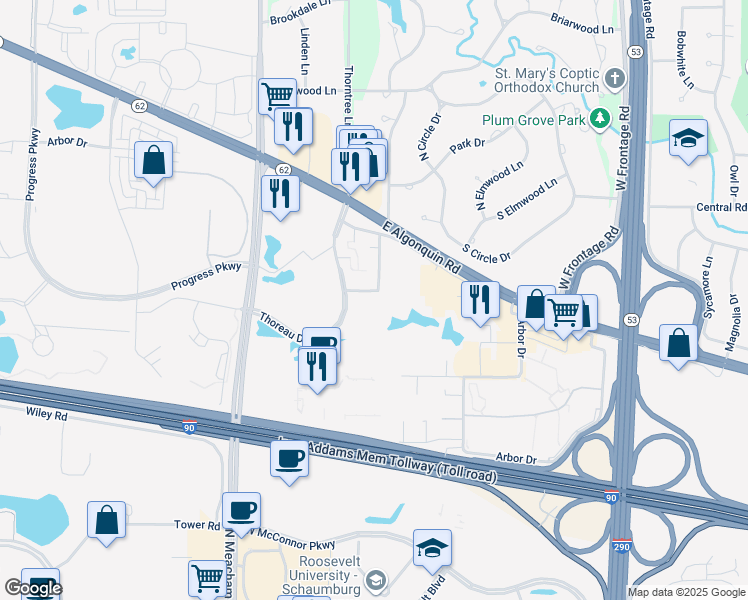 map of restaurants, bars, coffee shops, grocery stores, and more near 1912 Prairie Square in Schaumburg