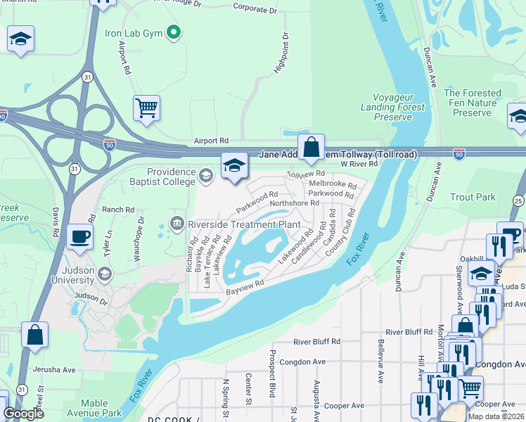 map of restaurants, bars, coffee shops, grocery stores, and more near 180 Northshore Road in Elgin