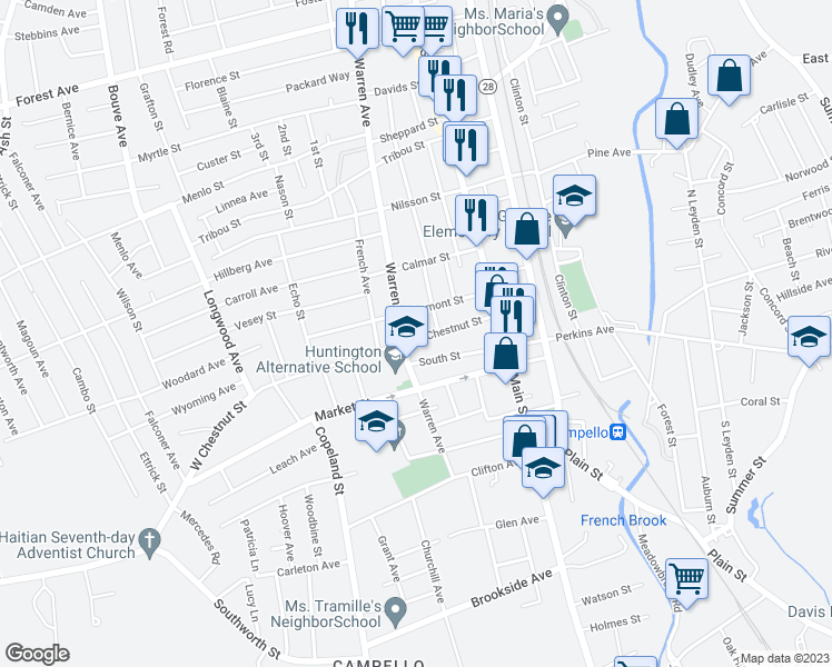 map of restaurants, bars, coffee shops, grocery stores, and more near 69 West Chestnut Street in Brockton