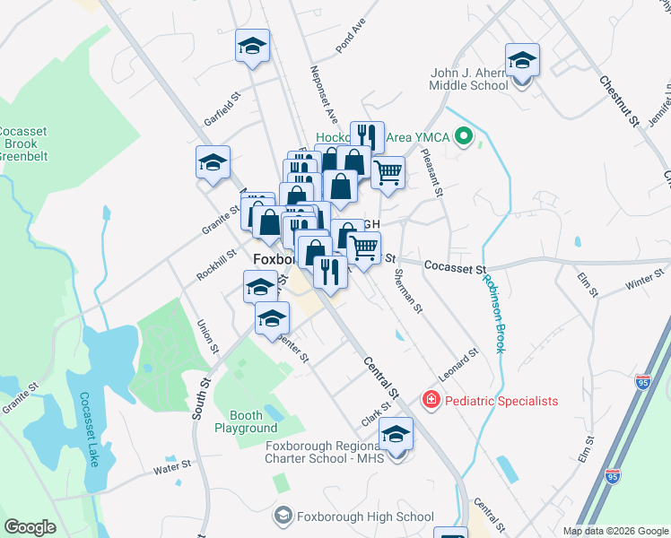 map of restaurants, bars, coffee shops, grocery stores, and more near 15 Cocasset Street in Foxborough